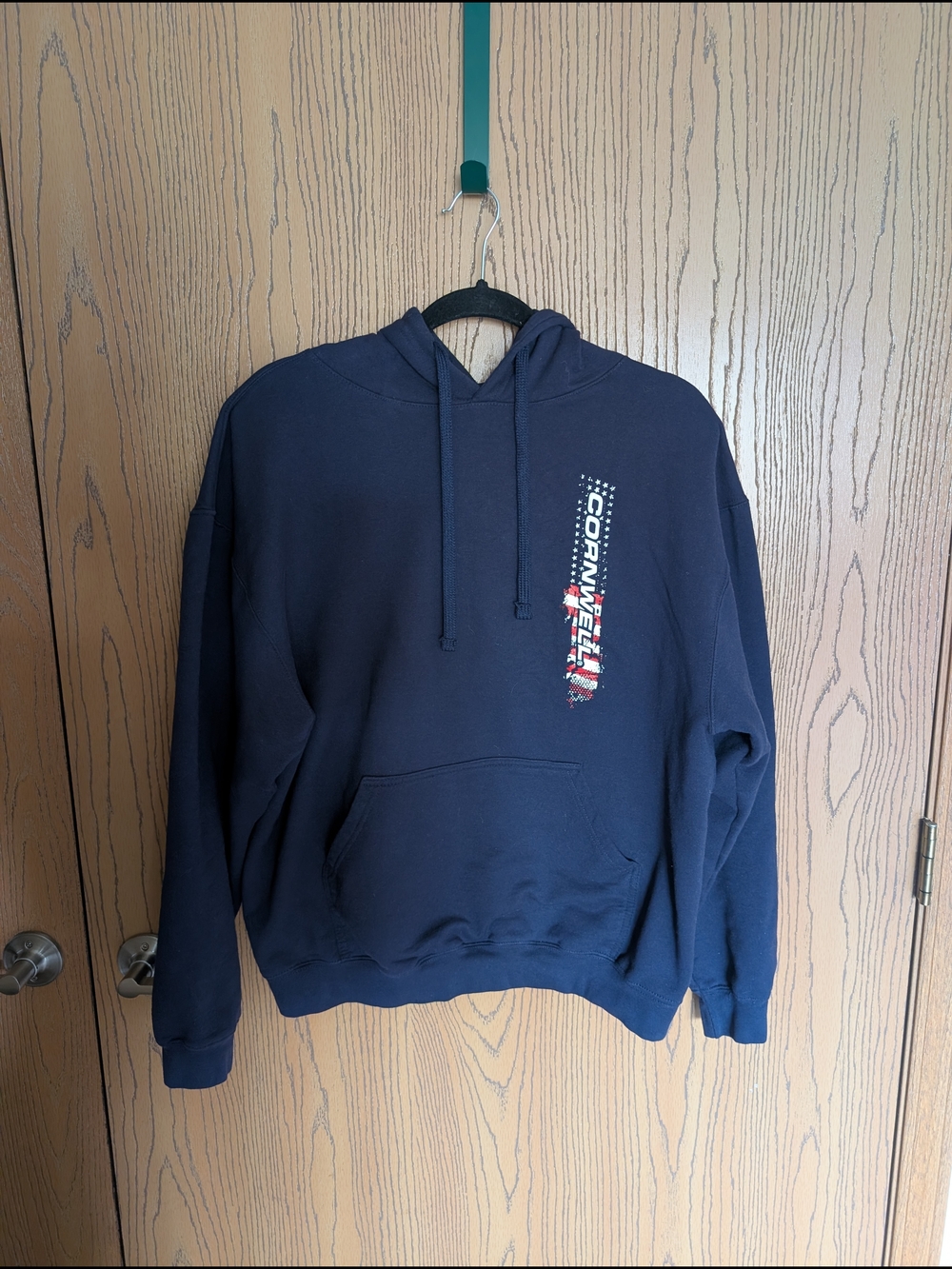 Cornwell Navy Blue Pullover Hoodie with Vertical Logo
